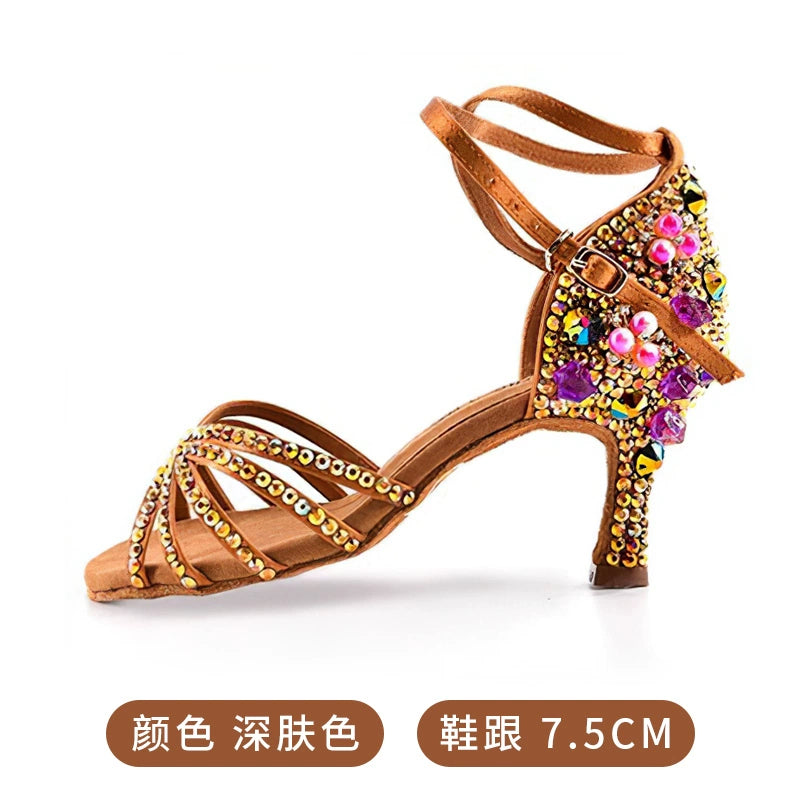 Bronze White Gemstones Latin Dance Shoes for Women Girls Pearl Purple Gemstones High-heeled Latin Ballroom Tango Salsa Jive Chacha Dance Sandals - Moderndancedress.com