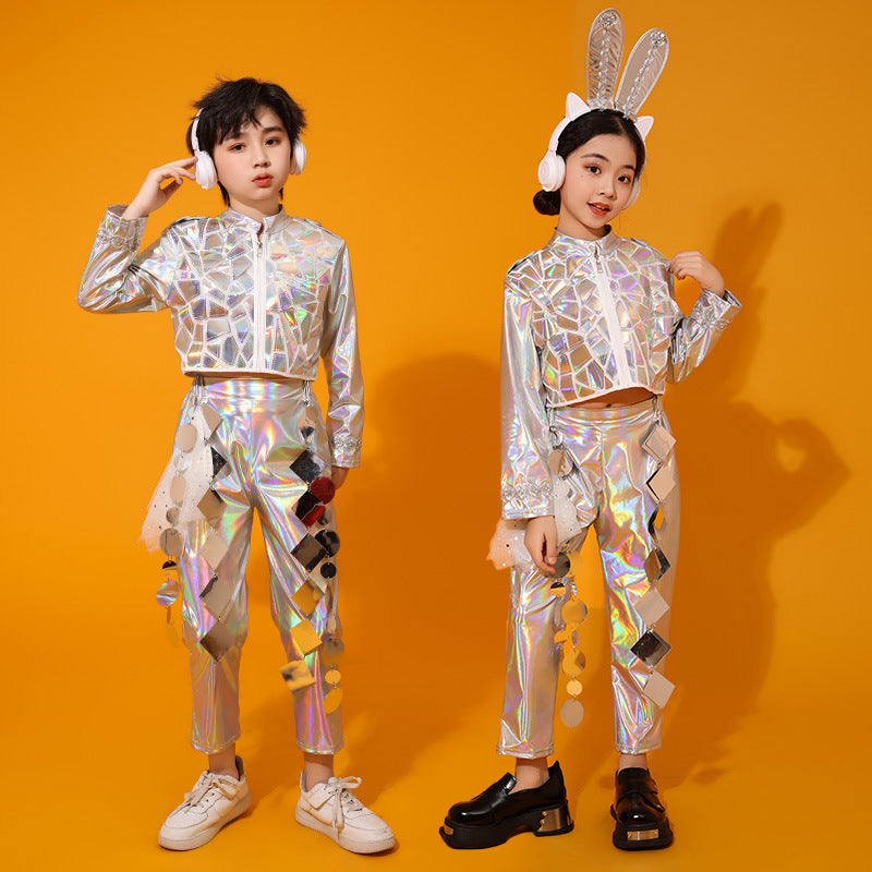 Kids Silver HipHop Jazz Street Dance Costume for Girls Boys Shooting Technology Robot Metaverse Walk Show Performance outfits - Moderndancedress.com