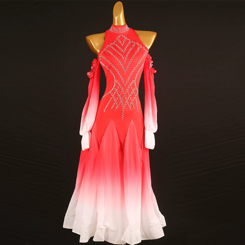 Red Gradient Rhinestones Competition Ballroom Dance Dresses for Women Girls Hollow Shoulder Waltz Tango  Performance Gown for Female - Moderndancedress.com