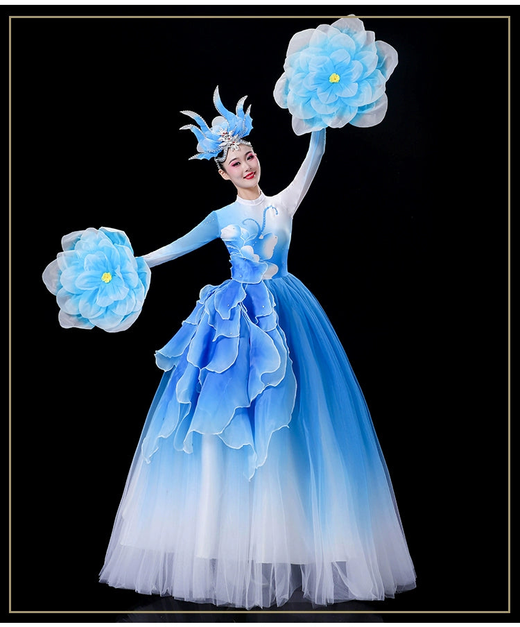 Women girls Opening Dance flamenco dance petals dresses pink blue green yellow church choir performance gown modern dance solo Choral wear - Moderndancedress.com