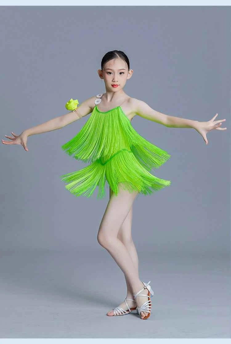 Girls Latin Dance Dresses Blue Green Fringe Competition Salsa Rumba Chacha Performance Costumes for Kids