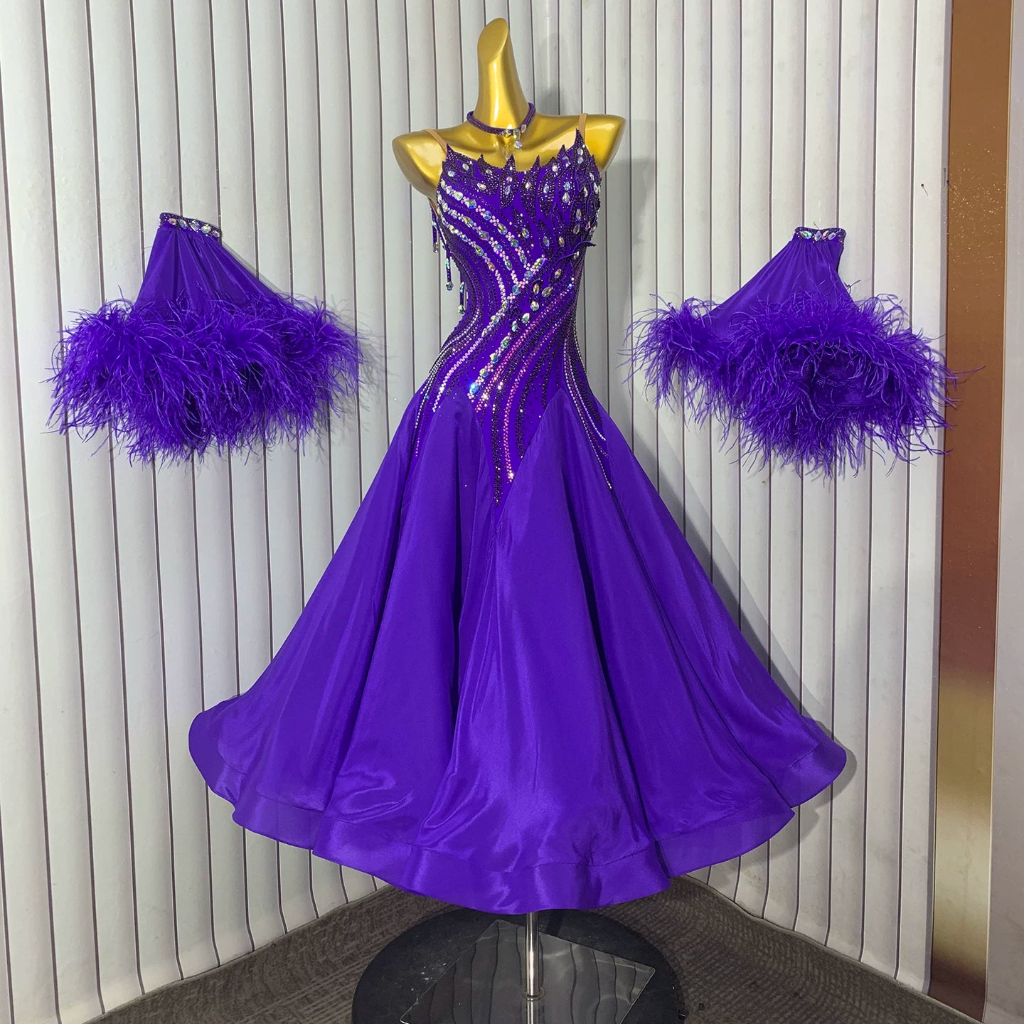 Custom Size Purple Rhinestone Ostrich Feather Competition Ballroom Dance Dress | Waltz Tango Dance Gown with Float Sleeves