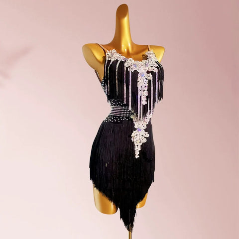 Customized size Yellow blue pink tassels Latin dance competition dressses  for adult kids professional solo flower dance bling clothes - Moderndancedress.com