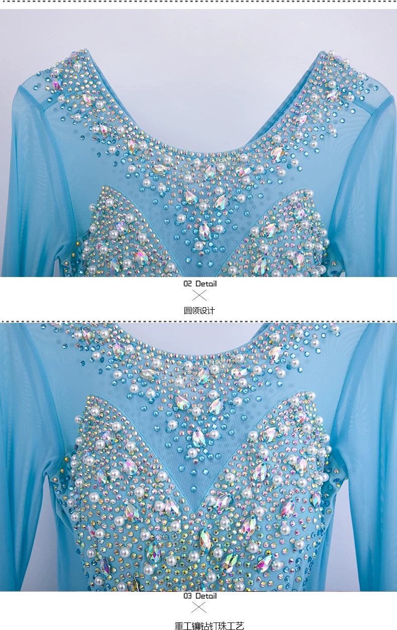 Custom size blue gemstones ballroom competition dresses for women girls children waltz tango foxtrot senior dance performance gown - Moderndancedress.com