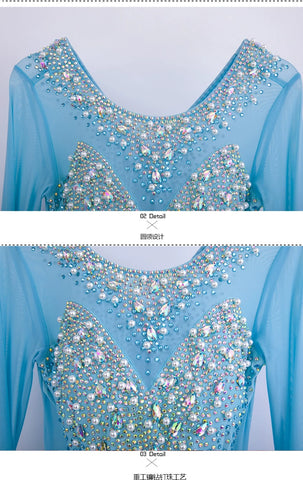Custom size blue gemstones ballroom competition dresses for women girls children waltz tango foxtrot senior dance performance gown - Moderndancedress.com