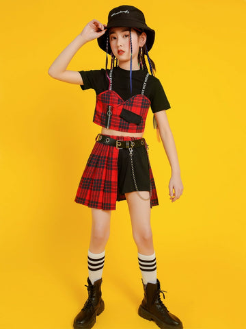 Girls Jazz Costume Hip Hop Street Dance outfits children gogo dancers British style plaid  Cheerleading Show clothes for kids - Moderndancedress.com