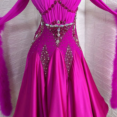 Custom Size Fuchsia Competition Ballroom Dance Dresses for Women Girls Rabbit Fur Floating Waltz Tango Dance Long Gown
