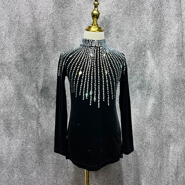 Custom Size Boys Competition Latin Dance Shirts Rhinestones Velvet Salsa Ballroom Latin Dance Tops