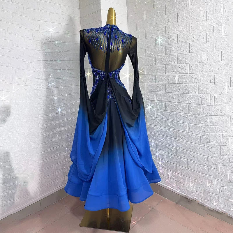 Custom Size Black Blue Crystal Competition Ballroom Dance Dress Standard Smooth Waltz Tango Dance Gown