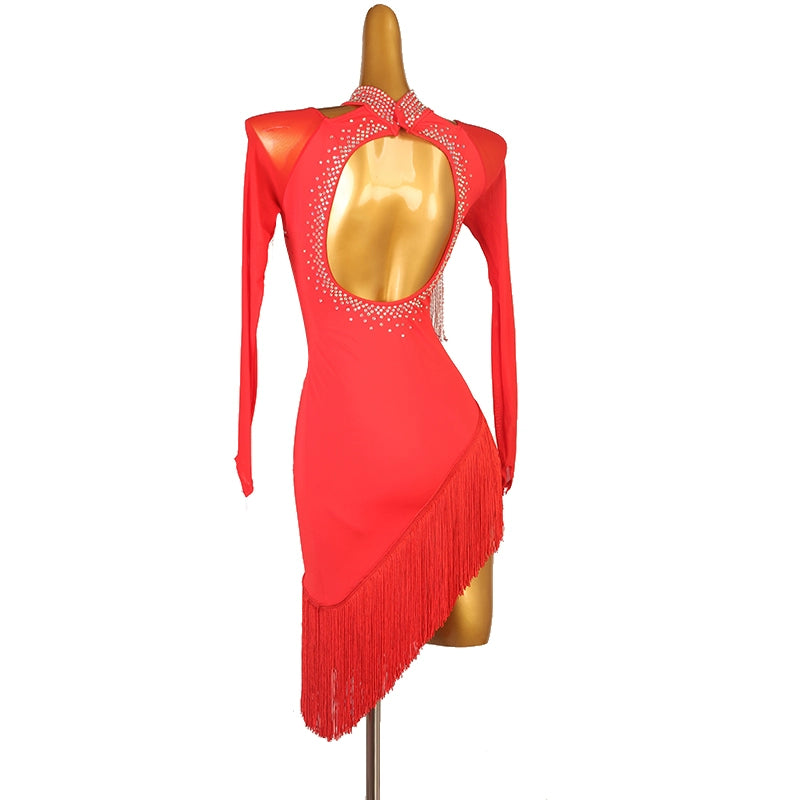 Red Bling Tassels Latin Dance Dress for Women Girls Halter Neck Competition Salsa Rumba Chacha Professional Dance Outfits