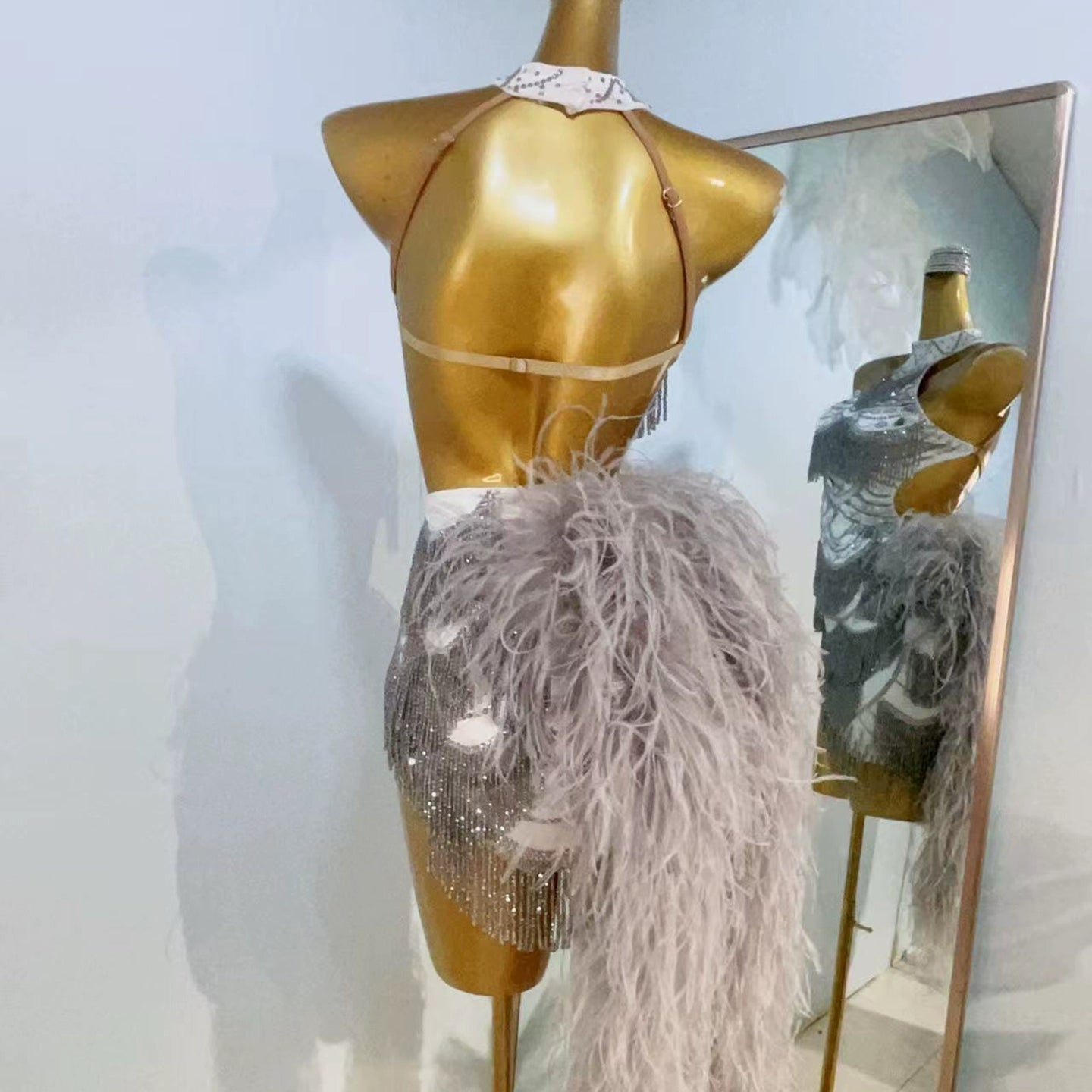 Custom Size Silver Feather Latin Dance Dresses for Women Salsa Rumba Samba Chacha Latin Dance Costume Tuxedo Skirts