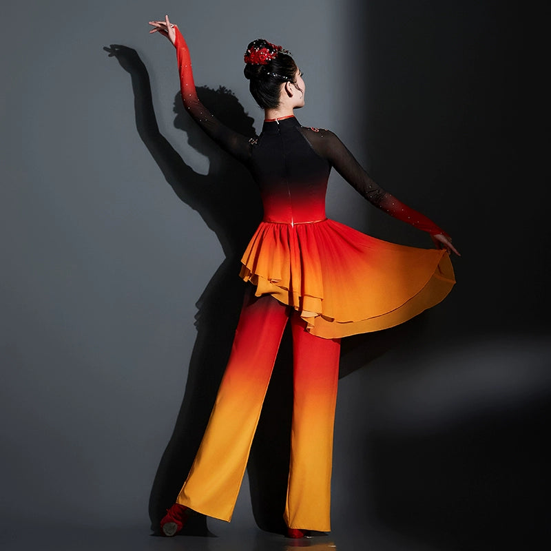 Red Chinese folk dance costumes for women girls Jiaozhou Yangge dance performance uniform classical fan dance repertoire dance art test wear - Moderndancedress.com