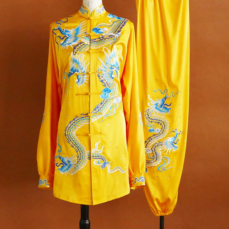 Custom Size Competition Tai Chi Clothing for Unisex Yellow Embroidered Dragon Wushu Chinese KungFu Uniforms - Moderndancedress.com