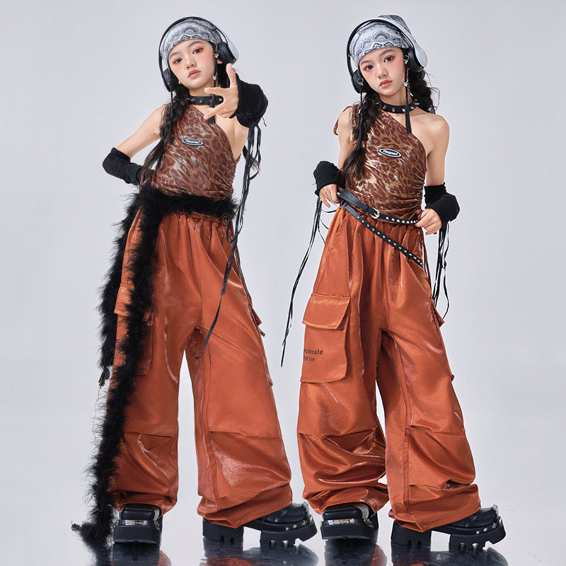 Girls Jazz Dance Costume K Hip Hop Dance Outfits Metallic Cargo Pants & Leopard Halter Wear