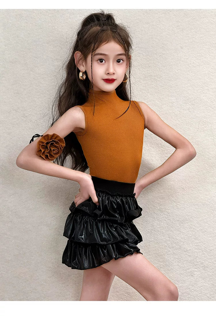 Girls Latin Dance Dress | Kids Mustard Yellow Mock Neck Salsa Chacha Set