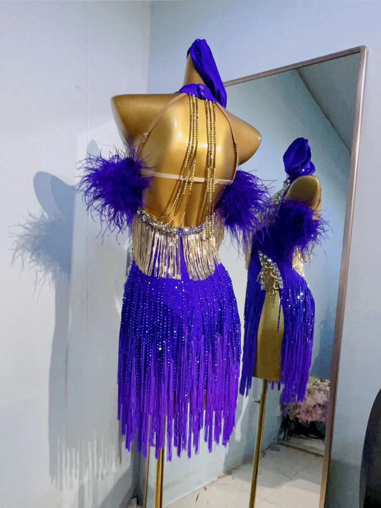 Custom Size Violet Feather Competition Latin Dance Dresses for Women Girls Salsa Rumba Chacha Outfits - Moderndancedress.com
