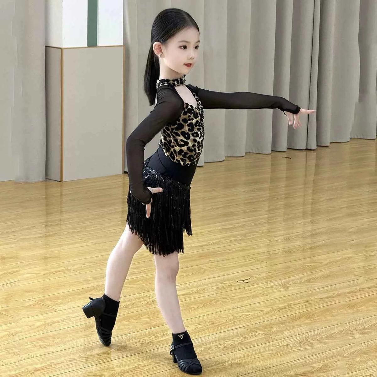 Black Leopard Print Girls Latin Dance Dress, Two‑Piece Tassel dress Set