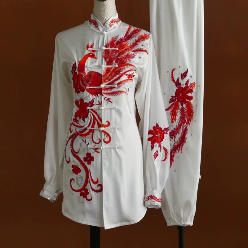 Custom Size Tai Chi Clothing Dark Green Embroidered Phoenix Wushu Martial Arts Kunfu Group Performance Uniforms - Moderndancedress.com