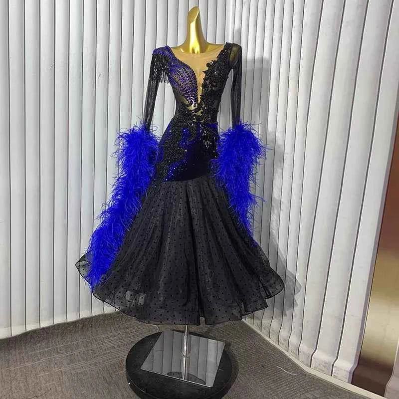 Custom Size Black with Blue Competition Ballroom Dance Dress Polka Dot Tango Smooth Rhythm Performance Long Gown