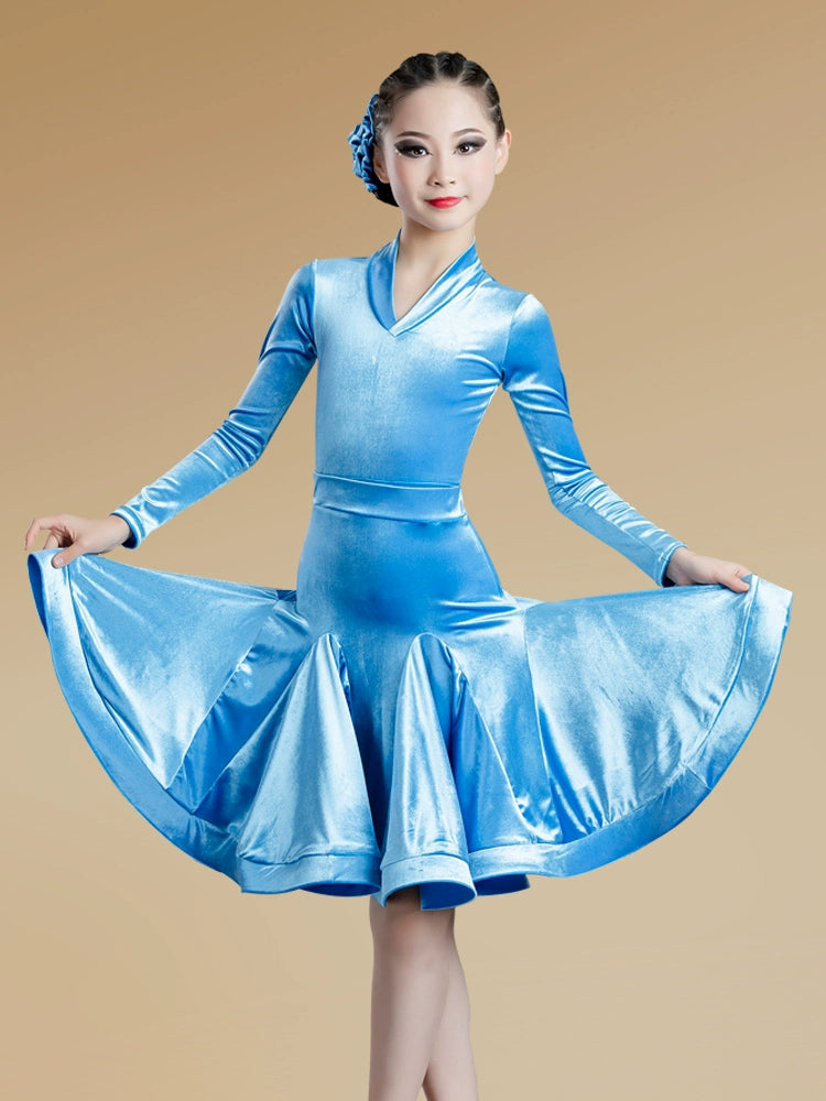 Girls Light Blue Purple Velvet Latin Dance Dresses Children Exam Clothes Long-sleeved Salsa Rumba Chacha Performance Outfits - Moderndancedress.com