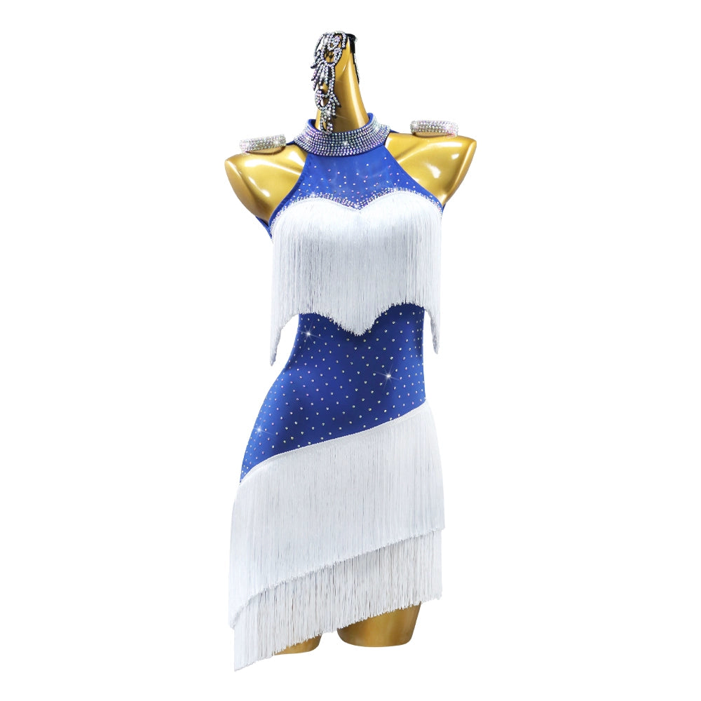 Blue with White Fringe Diamond Competition Latin Dance Dresses for Women Girls Salsa Rumba Cha Cha Jive Professional Latin Performance Costumes - Moderndancedress.com