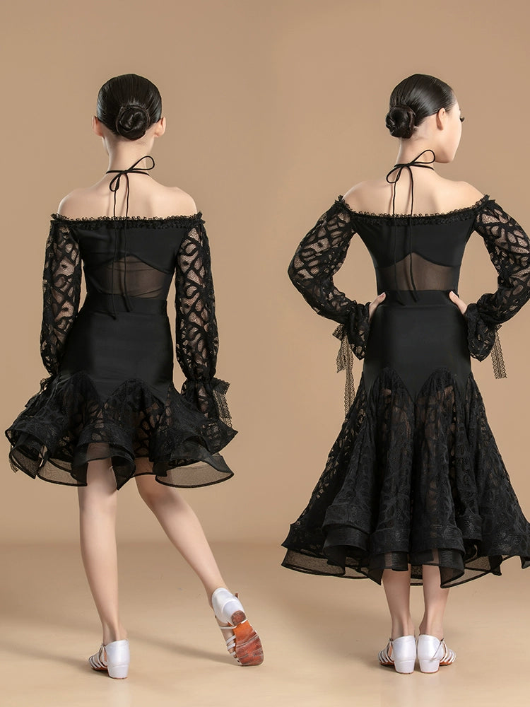 Black lace Latin ballroom dance dress for girls kids national standard waltz tango rhythm dance competition gown for kids - Moderndancedress.com
