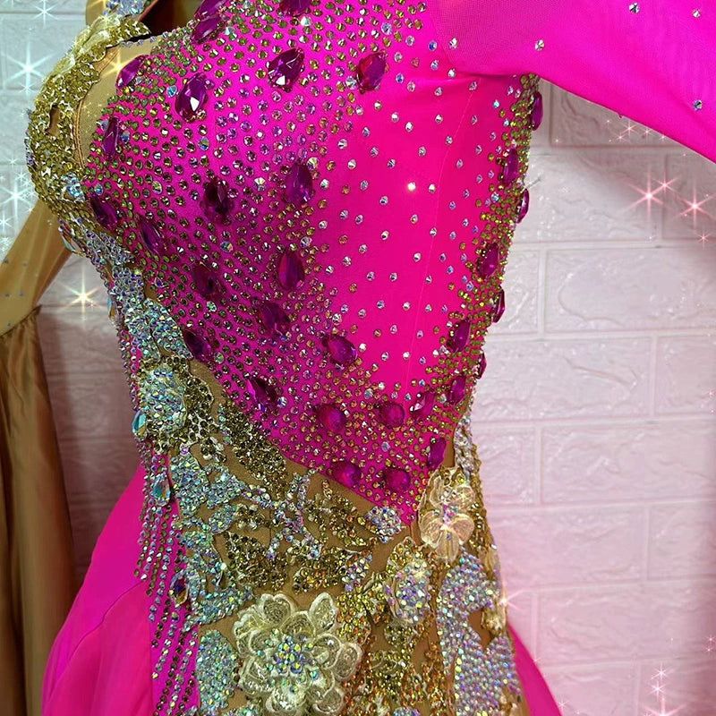 Custom Size Ballroom Dance Dresses for Women Gold Pink Waltz Tango Rhythm Dance Long Gown Long Swing Skirts