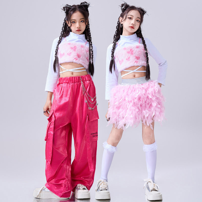 Girls Hiphop Dance Costumes Pink Feather Kids Jazz Gogo Rapper Singers Street Dance Suit Walk Show Outfits