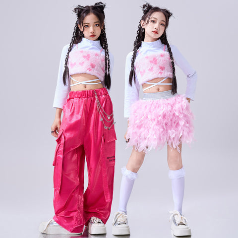 Girls Hiphop Dance Costumes Pink Feather Kids Jazz Gogo Rapper Singers Street Dance Suit Walk Show Outfits