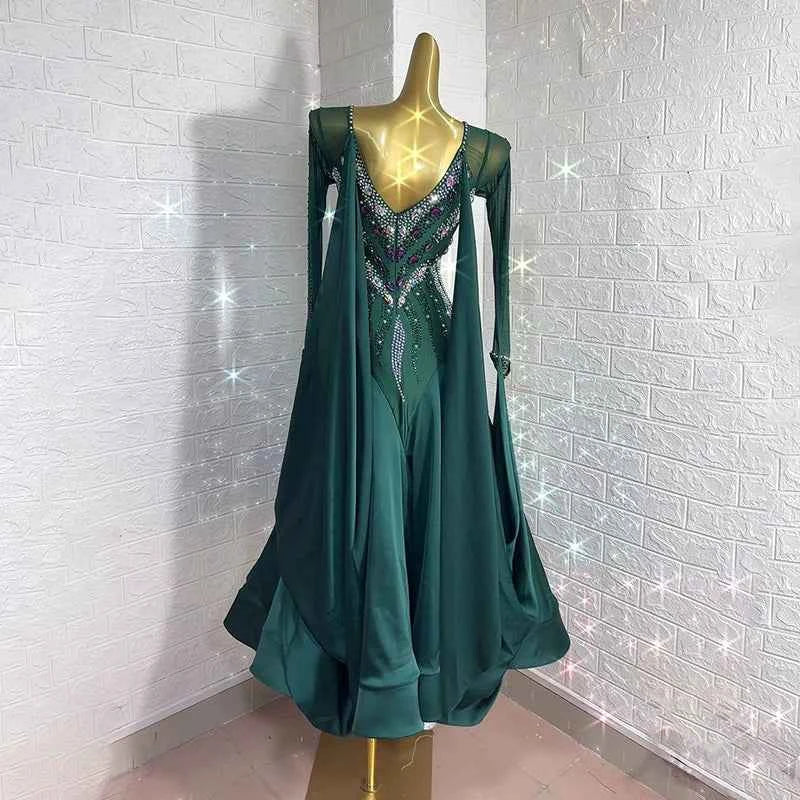 Custom Size Dark Green Diamond Competition Ballroom Dance Dresses for Women Modern Waltz Tango Dance Long Gown