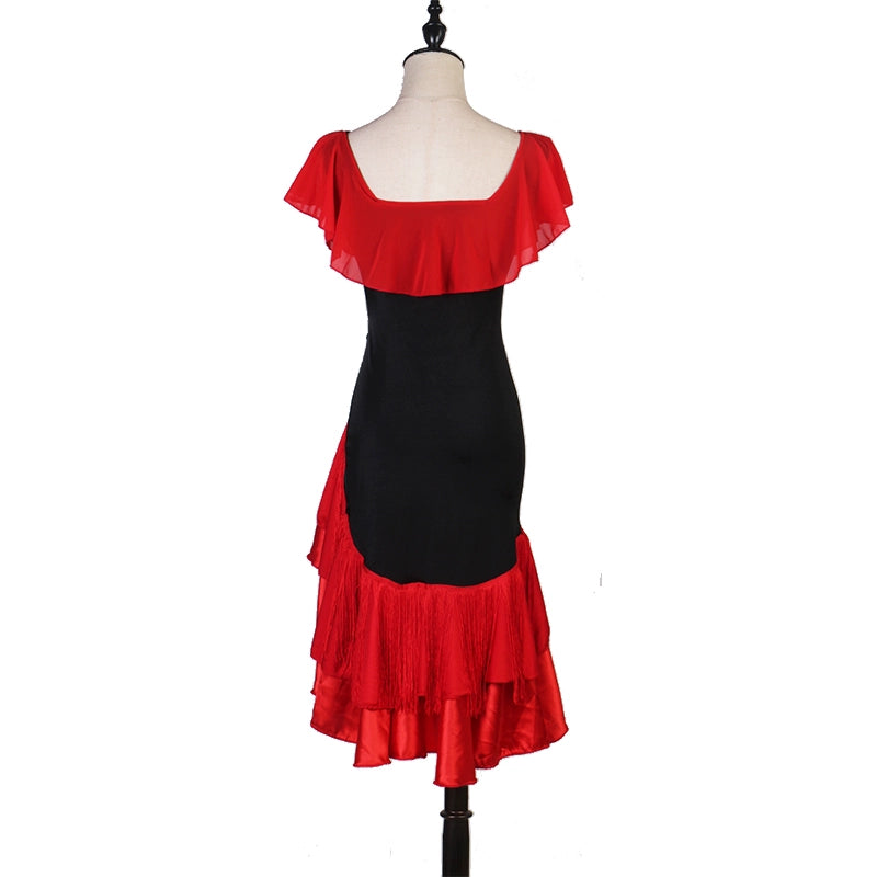 Professional Embroidered Flowers Red Blue Fringe Latin Dance Dress for Women Girls Red Turquoise Ruffles Neck Salsa Rumba Chacha Samba Dance Skirt - Moderndancedress.com