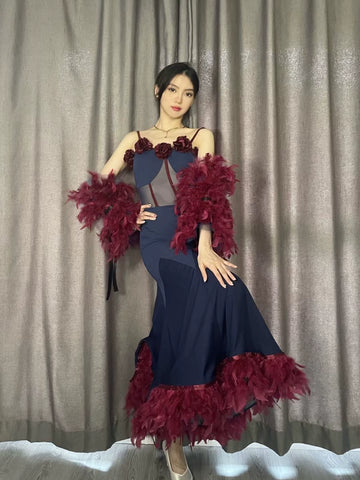 Pink Burgundy Feather Ballroom Dance Dresses for Women Girls Navy Waltz Tango Foxtrot Smooth Dance Art Test Dress Standard Performance Gown - Moderndancedress.com