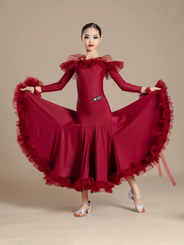 Modern ballroom dance dresses for girls kids waltz tango light purple orange wine professional competition clothing for children - Moderndancedress.com
