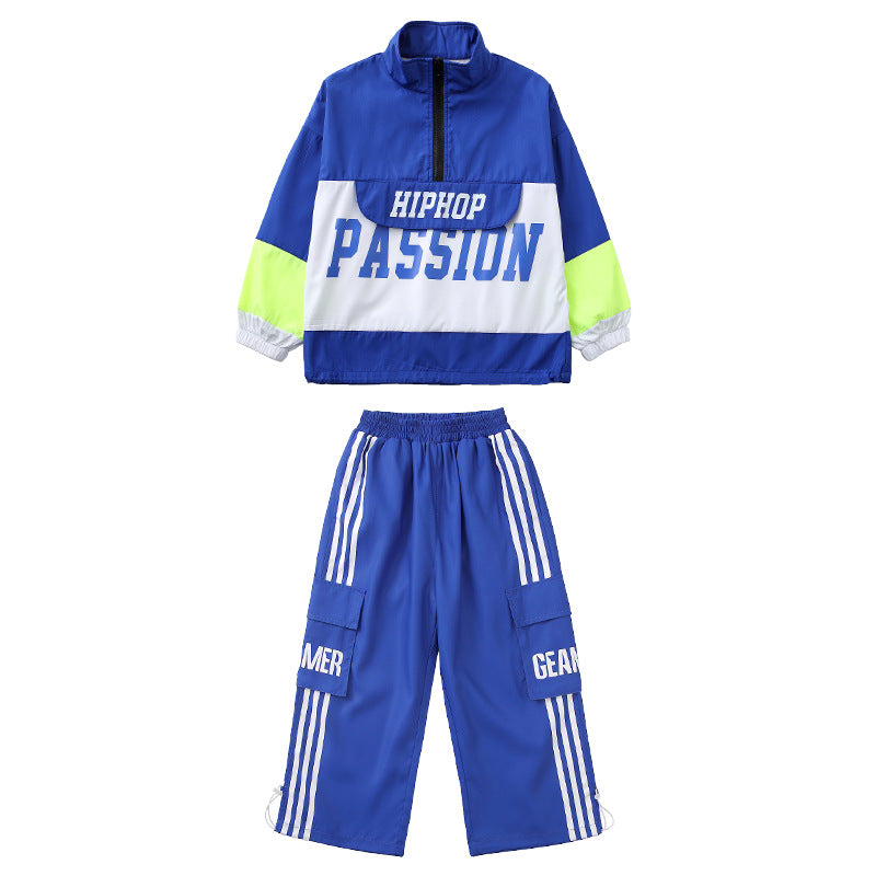 Children's Blue Hip-hop Jazz Dance Costumes Boys Girls Street Sports Opening Ceremony Performance Outfits Rapper Singers Gogo Dancers Wear - Moderndancedress.com