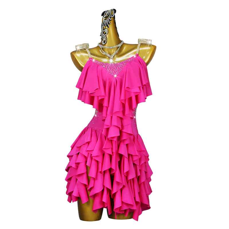 Hot Pink Ruffles Competition Latin Dance Dresses for Women Girls Salsa Rumba Chacha Performs Costume - Moderndancedress.com