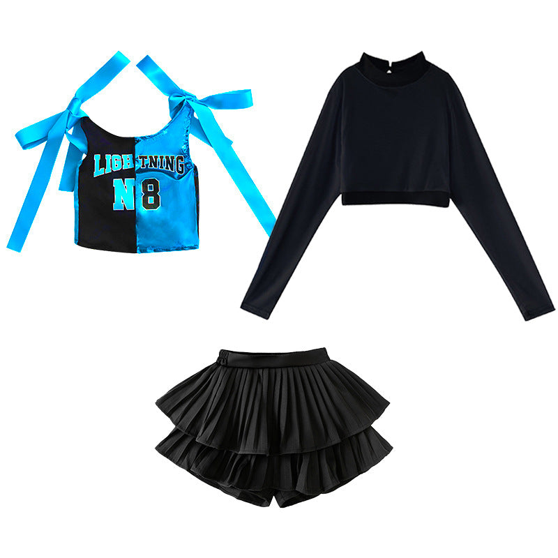 Girls' Blue Shiny Jazz Dance Costume Hip Hop Street Dance Outfits for Kids Rapper Singer Gogo Dancers Model Catwalk Suit - Moderndancedress.com