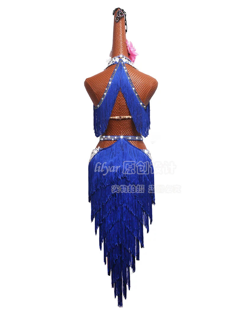 Women's Latin Dance Dresse Latin dance match dress performance dress performance Dress Dance Dress inspiration adult female treasure blue fringe Dress