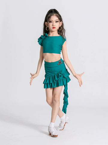 Green tassels Latin dance costumes for girls kids children ballroom Latin dance dresses modern salsa rumba Performance flower outfits - Moderndancedress.com