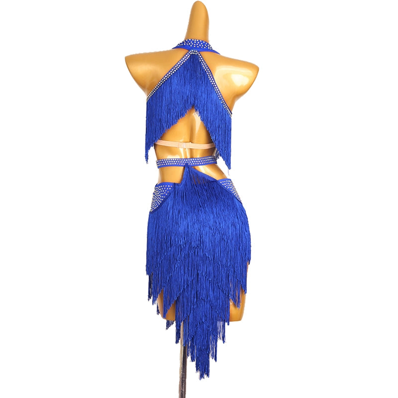 Latin Dance Competition Dresses for Women Girls Navy Yellow Blue Red Purple Dark Green Diamond Haler Neck Latin Salsa Rumba Chacha Dance Costumes - Moderndancedress.com
