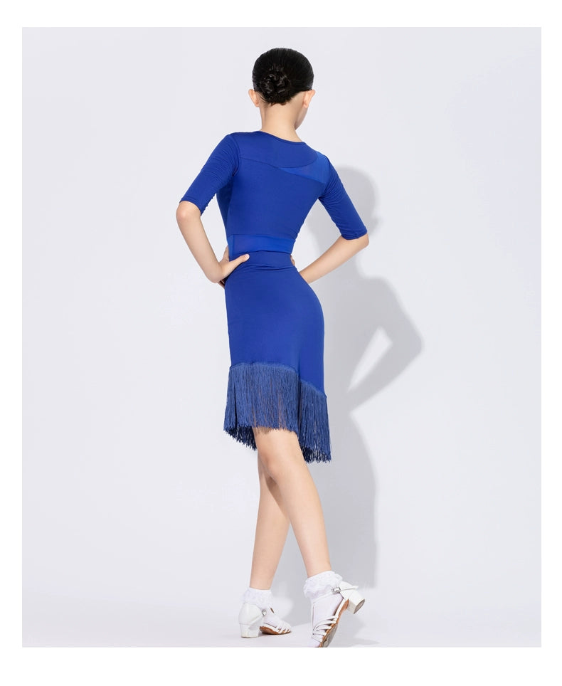 Royal Blue Fringe Latin Dance Dresses for Girls Kids Children Professional Ballroom Salsa Rumba Chacha Performance Outfits - Moderndancedress.com