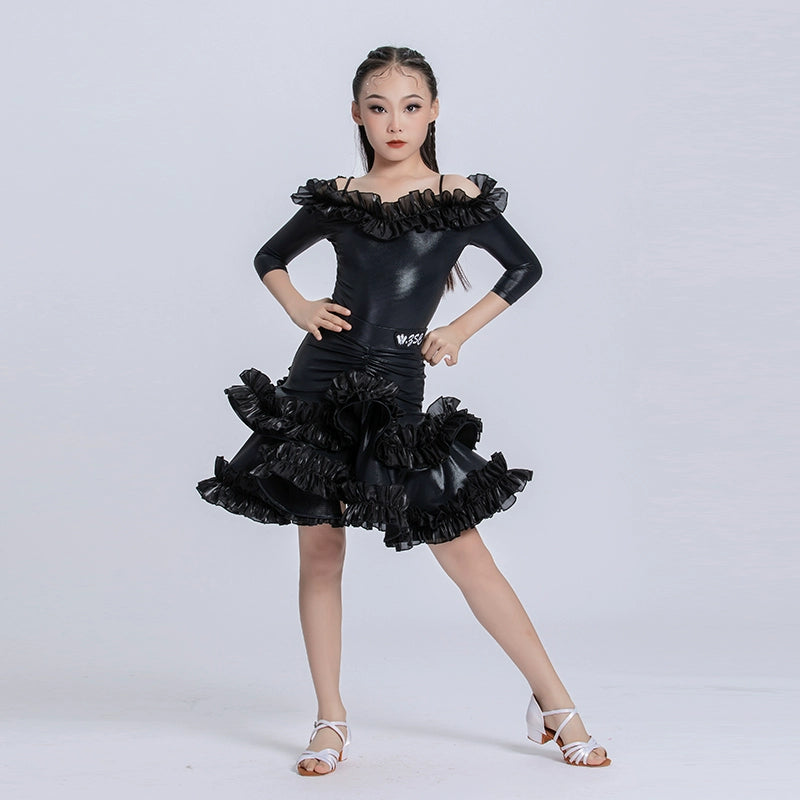 Children's Black Shiny Leather Latin Dance Dresses Salsa Ballroom Competition Dance Skirts Art Test Party Performance Ballroom Gown for Girls - Moderndancedress.com