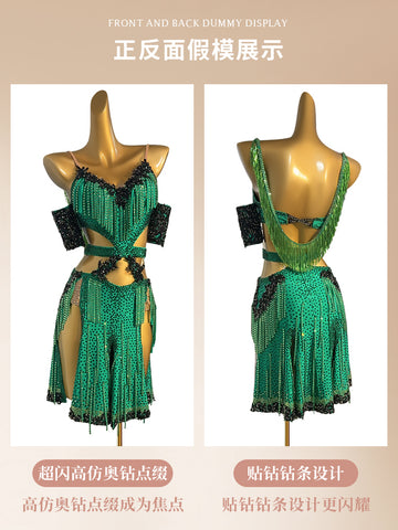 Custom Size Green Fringe Competition Latin Dance Dresses for Women Salsa Rumba Chacha Blackpool Dance Wear