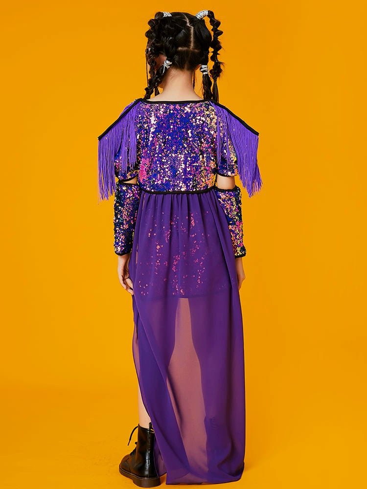 Children's Purple Red Sequins Street Jazz Dance Costumes Party Rapper Singers Gogo Dancers Wear Runway Model Walk Show Outfits - Moderndancedress.com