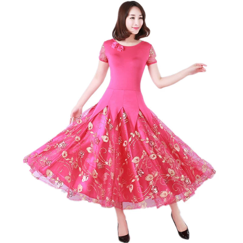 Women's Ballroom Dance Dresses National Standard Short Sleeve Modern Dance Dresses, Dresses, Waltz Dancing Dresses, Tango Social Skirt - Moderndancedress.com