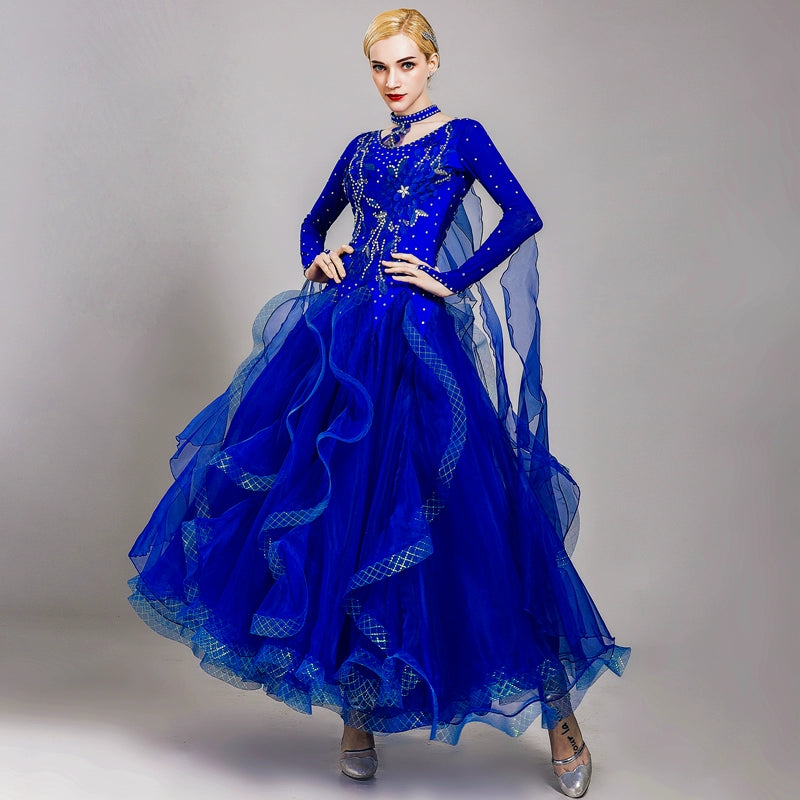 Modern Ballroom dance dresses red blue pink stones waltz tango foxtrot smooth dance swing skirt national standard performance gown for female - Moderndancedress.com