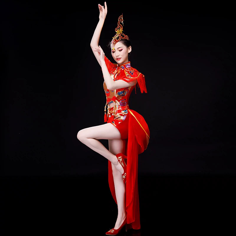 Jazz Dance Costumes Drum costume performance dress Chinese fans waist drum Dress Adult cheongsam modern dance performance dress - Moderndancedress.com