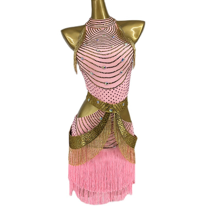 Custom Size Pink Competition Latin Dance Dresses for Women Girls Gold Fringe Salsa Rumba Chacha Latin Dance Costume - Moderndancedress.com