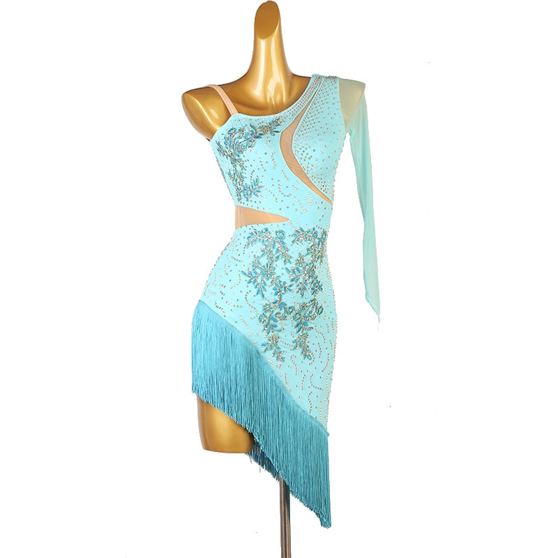 One Shoulder Diamond Latin Dance Dress for Women Girls White orange green blue red Slant Neck Performance Competition Costumes Salsa Chacha Dance Outfits