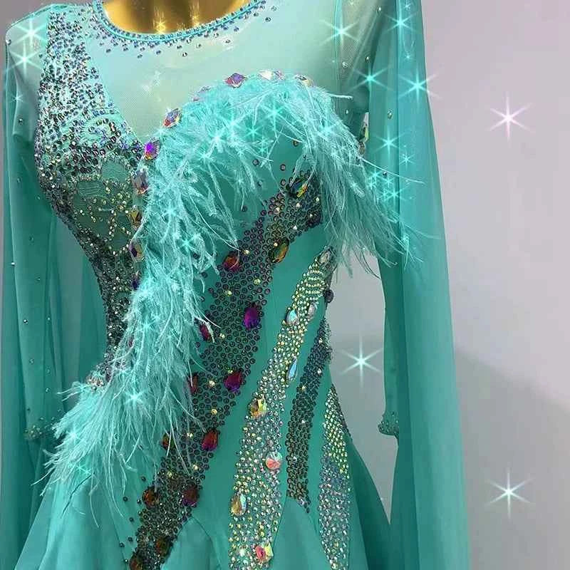 Customized Size Turquoise Competition Ballroom Dance Dresses for Women Girls Waltz Tango Foxtort Rhythm Dance Long Gown