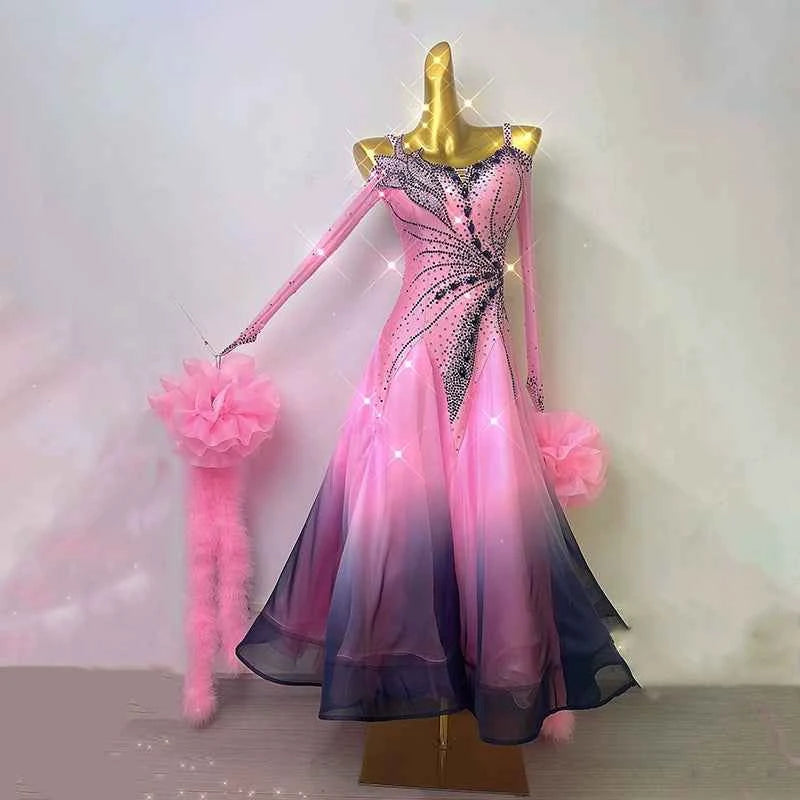Custom Size Pink Gradient Competition Ballroom Dance Dresses for Women Girls Waltz Tango Foxtrot Dance Gown